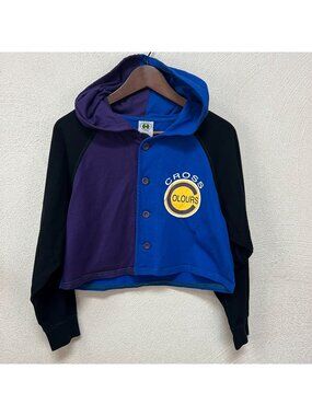 VTG 90's Cross Colours Baseball Crop ColorBlock Hooded Jersey Womens Sz S Y2K
